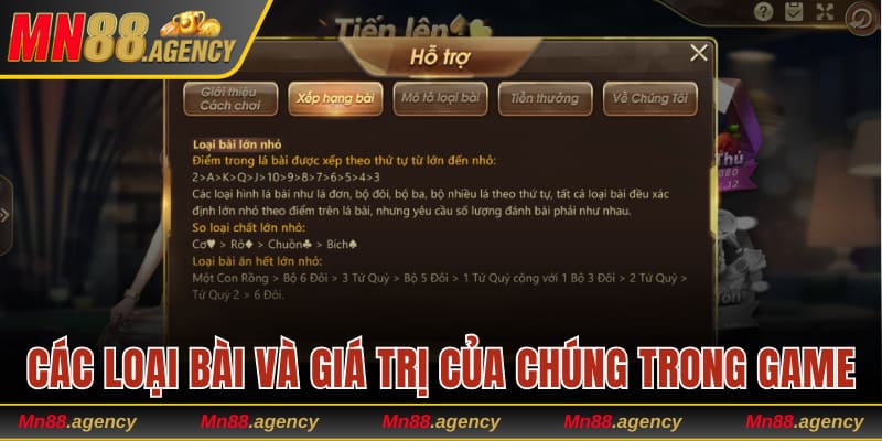 Các loại bài và giá trị của chúng trong trò chơi